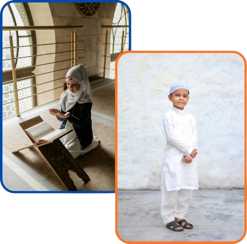 Muslim girl reading Quran, boy in prayer attire